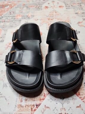 Women's Black Double-Band Slide Sandals with Gold Buckles